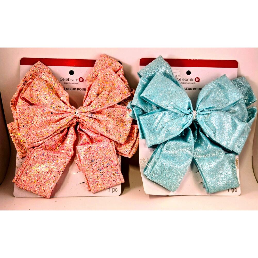 2 Large Christmas Wreath Bows Tree Topper Pink Blue Indoor Outdoor Holiday Decor